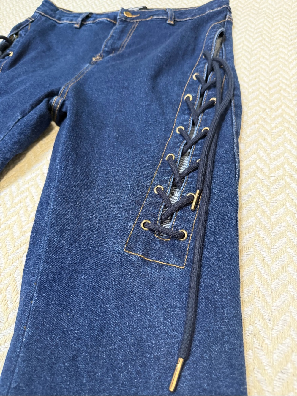 American Bazi Women's Dark Indigo High Rise Wide Leg Tie Jeans L Style RJB-5593